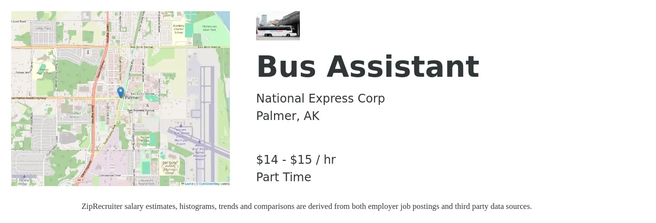 National Express Corp job posting for a Bus Assistant in Palmer, AK with a salary of $14 to $18 Hourly with a map of Palmer location.