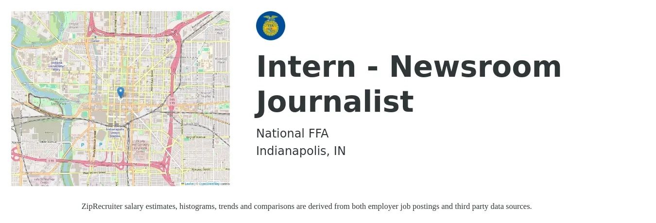 National FFA job posting for a Intern - Newsroom Journalist in Indianapolis, IN with a map of Indianapolis location.