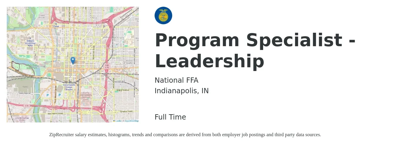 National FFA job posting for a Program Specialist - Leadership in Indianapolis, IN with a salary of $47,800 to $75,500 Yearly with a map of Indianapolis location.