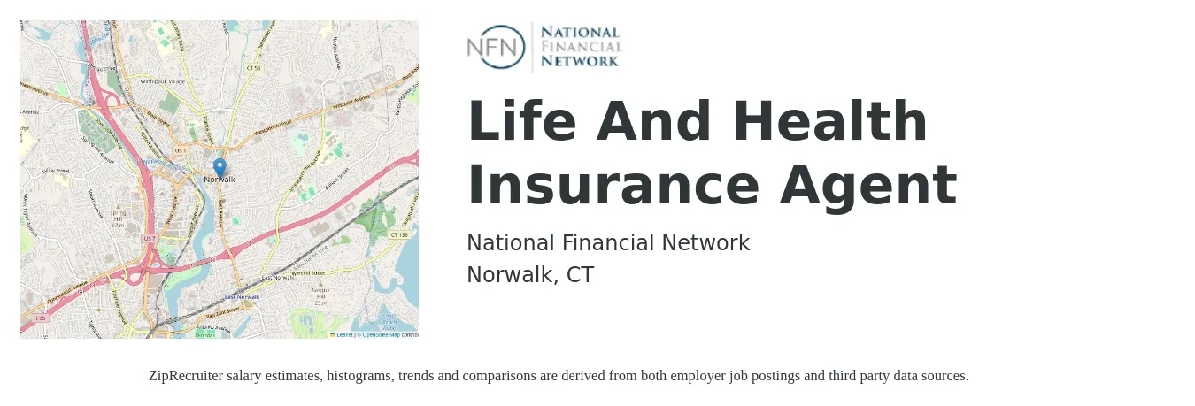 National Financial Network job posting for a Life And Health Insurance Agent in Norwalk, CT with a salary of $90,000 Yearly with a map of Norwalk location.