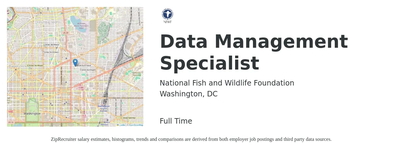 National Fish and Wildlife Foundation job posting for a Data Management Specialist in Washington, DC with a salary of $56,600 to $111,500 Yearly with a map of Washington location.