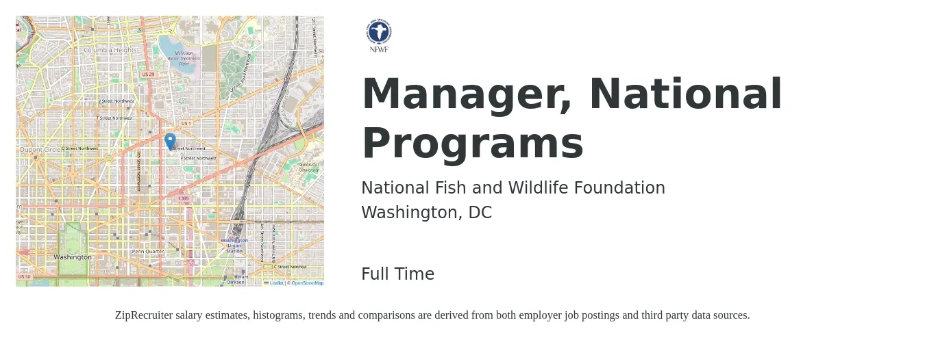 National Fish and Wildlife Foundation job posting for a Manager, National Programs in Washington, DC with a salary of $90,000 to $150,000 Yearly with a map of Washington location.