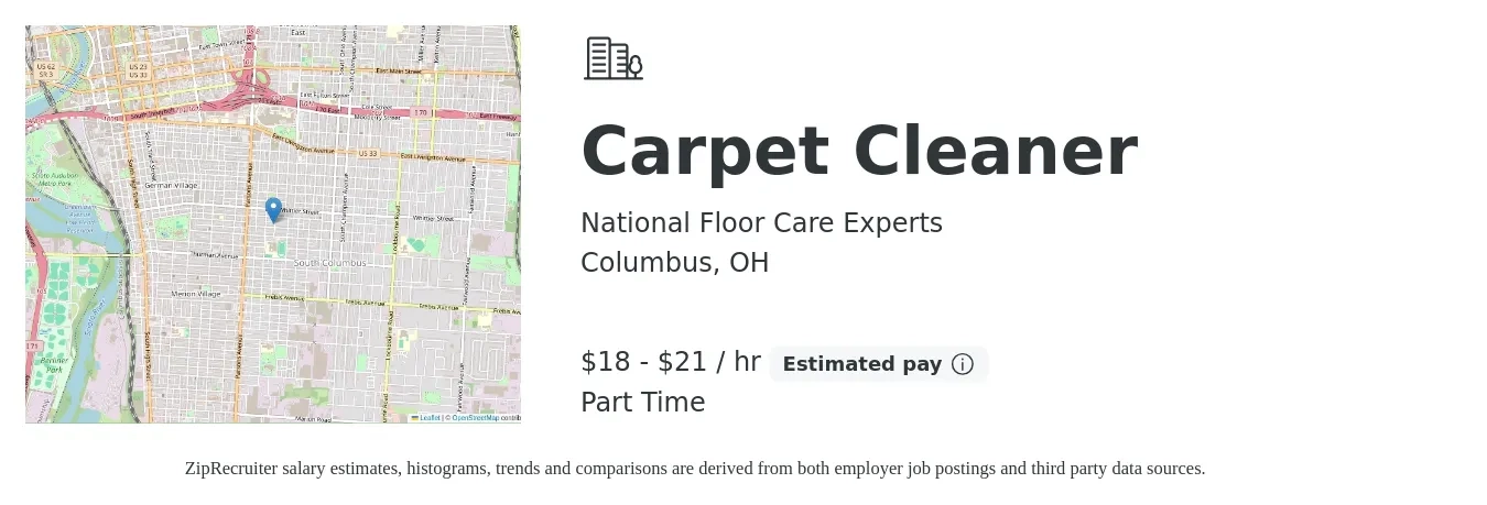 National Floor Care Experts job posting for a Carpet Cleaner in Columbus, OH with a salary of $20 to $22 Hourly with a map of Columbus location.
