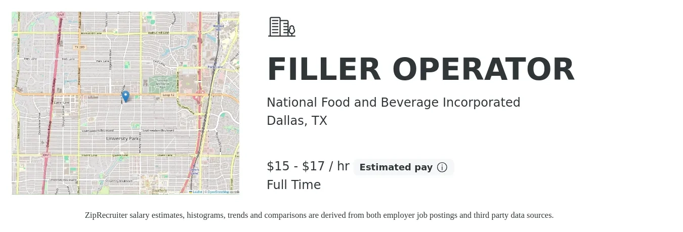National Food and Beverage Incorporated job posting for a FILLER OPERATOR in Dallas, TX with a salary of $16 to $18 Hourly with a map of Dallas location.
