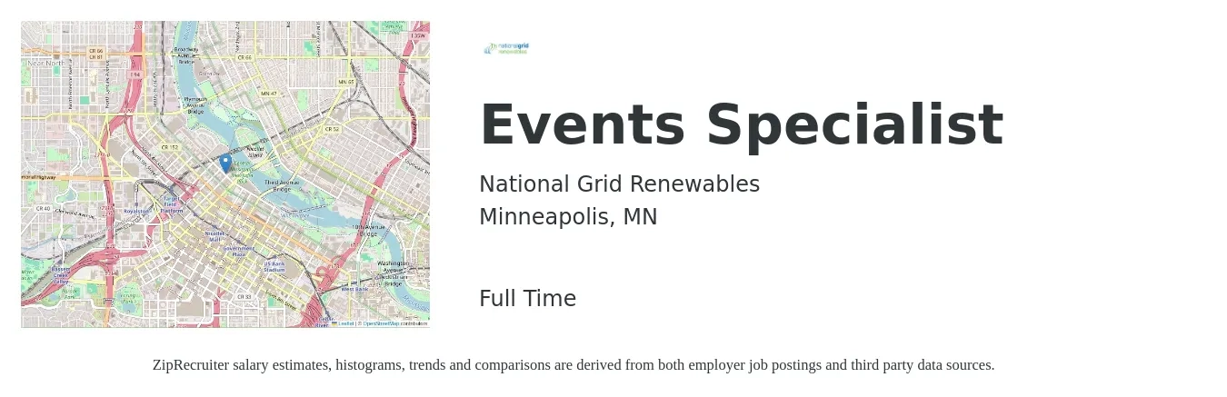 National Grid Renewables job posting for a Events Specialist in Minneapolis, MN with a salary of $15 to $26 Hourly with a map of Minneapolis location.