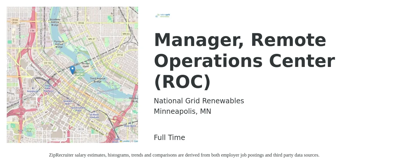 National Grid Renewables job posting for a Manager, Remote Operations Center (ROC) in Minneapolis, MN with a salary of $52,600 to $91,200 Yearly with a map of Minneapolis location.