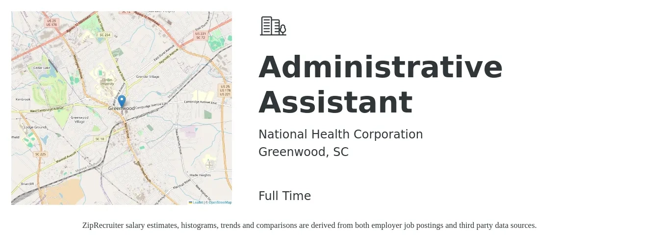 National Health Corporation job posting for a Administrative Assistant in Greenwood, SC with a salary of $17 to $23 Hourly with a map of Greenwood location.
