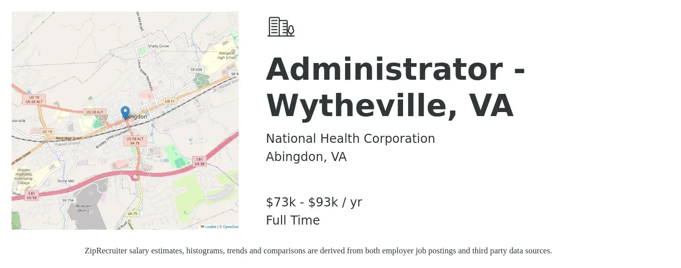 National Health Corporation job posting for a Administrator - Wytheville, VA in Abingdon, VA with a salary of $73,000 to $93,000 Yearly with a map of Abingdon location.