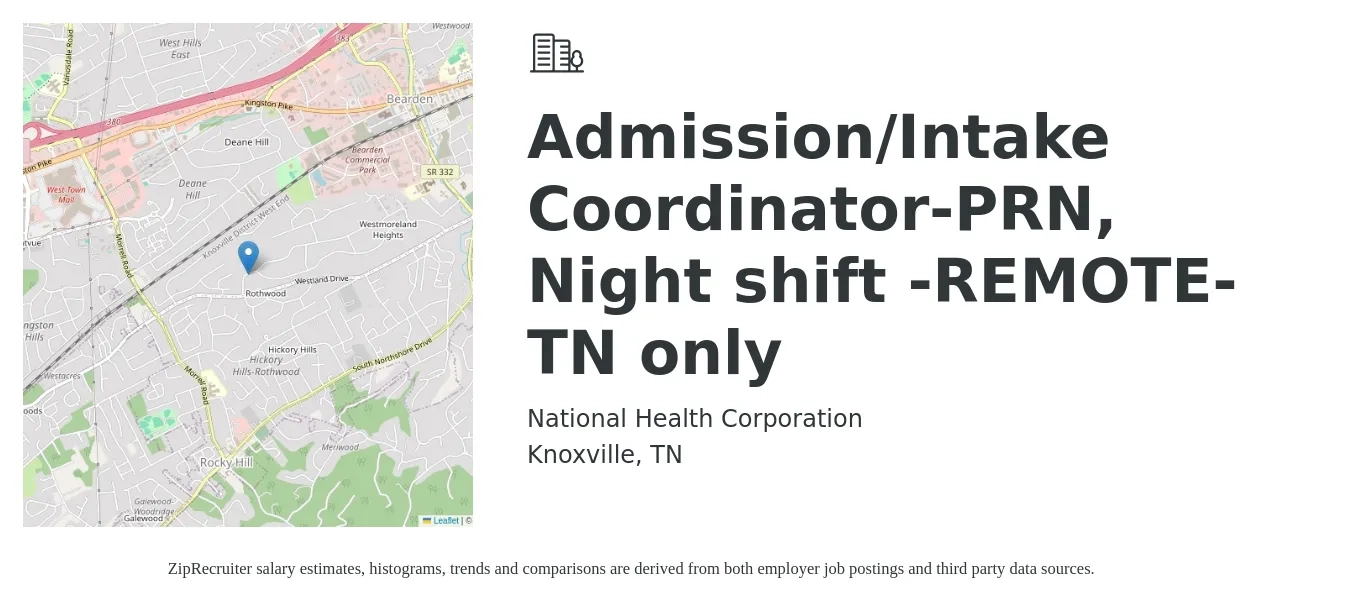 National Health Corporation job posting for a Admission/Intake Coordinator-PRN, Night shift -REMOTE- TN only in Knoxville, TN with a salary of $30,900 to $35,500 Yearly with a map of Knoxville location.