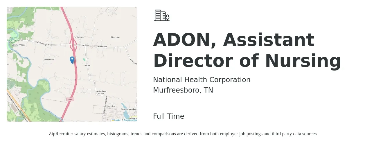 National Health Corporation job posting for a ADON, Assistant Director of Nursing in Murfreesboro, TN with a salary of $68,500 to $91,000 Yearly with a map of Murfreesboro location.