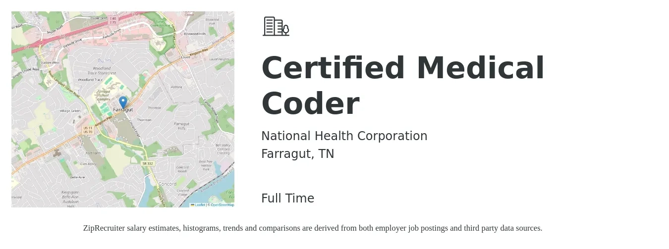 National Health Corporation job posting for a Certified Medical Coder in Farragut, TN with a salary of $20 to $27 Hourly with a map of Farragut location.