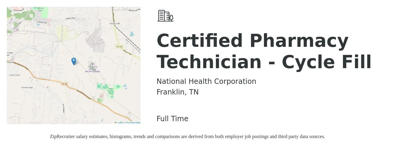 National Health Corporation job posting for a Certified Pharmacy Technician - Cycle Fill in Franklin, TN with a salary of $18 to $22 Hourly with a map of Franklin location.