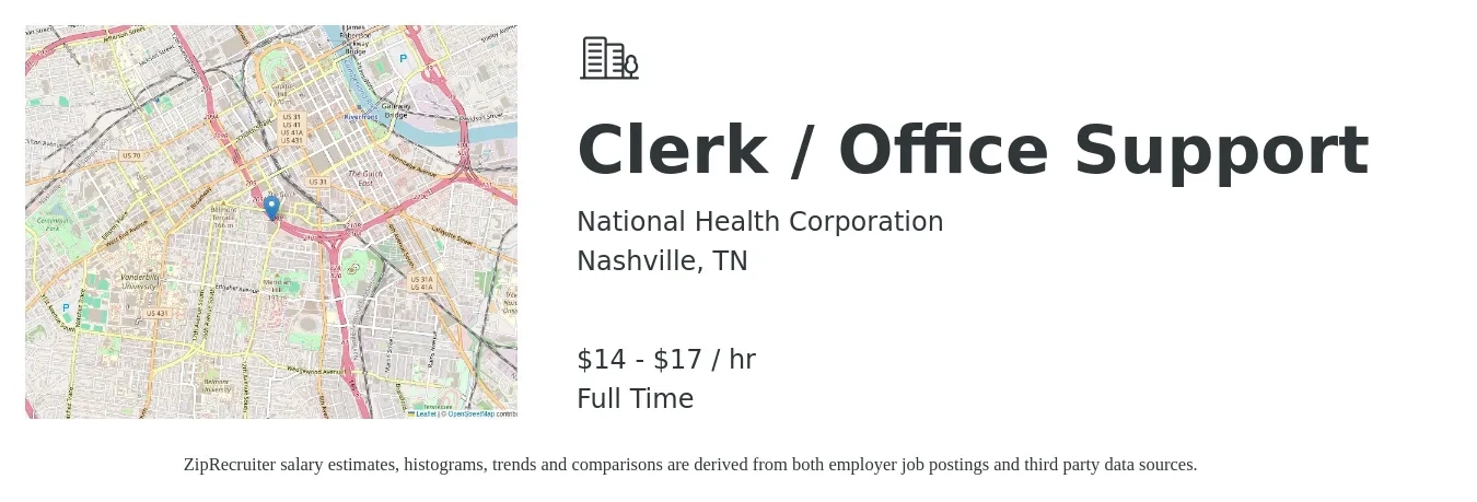National Health Corporation job posting for a Clerk / Office Support in Nashville, TN with a salary of $15 to $18 Hourly with a map of Nashville location.