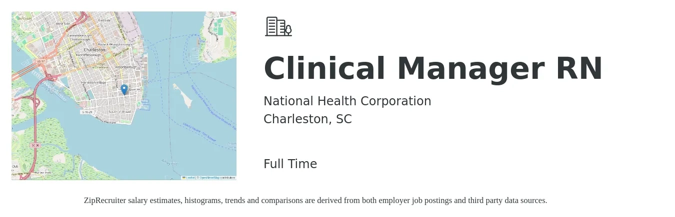 National Health Corporation job posting for a Clinical Manager RN in Charleston, SC with a salary of $67,700 to $99,700 Yearly with a map of Charleston location.