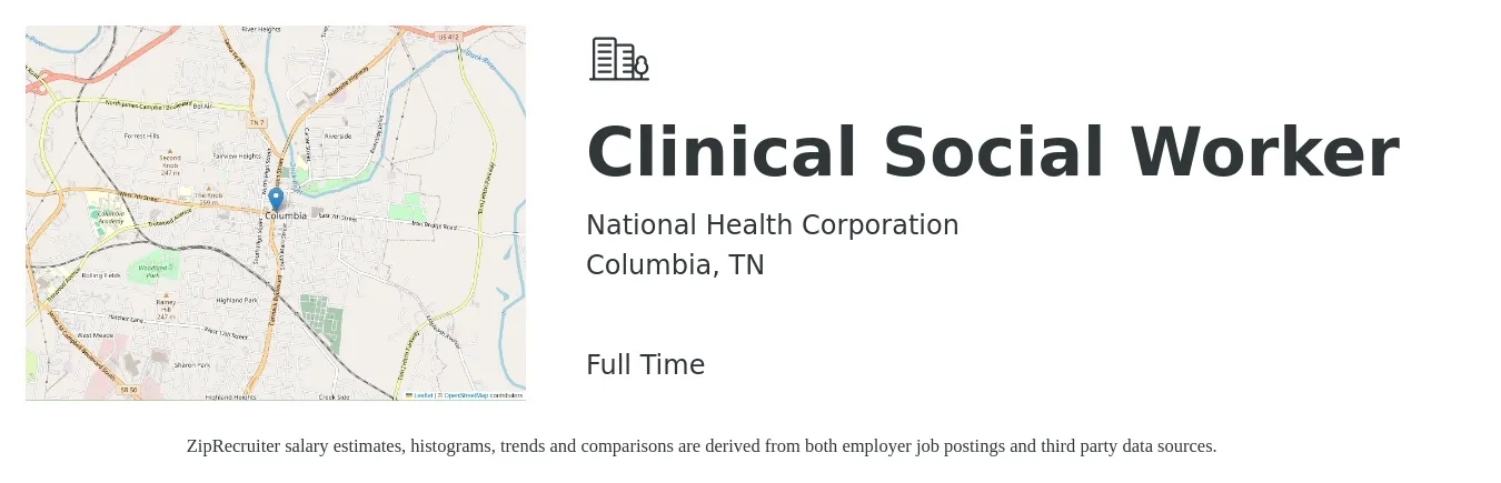 National Health Corporation job posting for a Clinical Social Worker in Columbia, TN with a salary of $61,600 to $95,800 Yearly with a map of Columbia location.