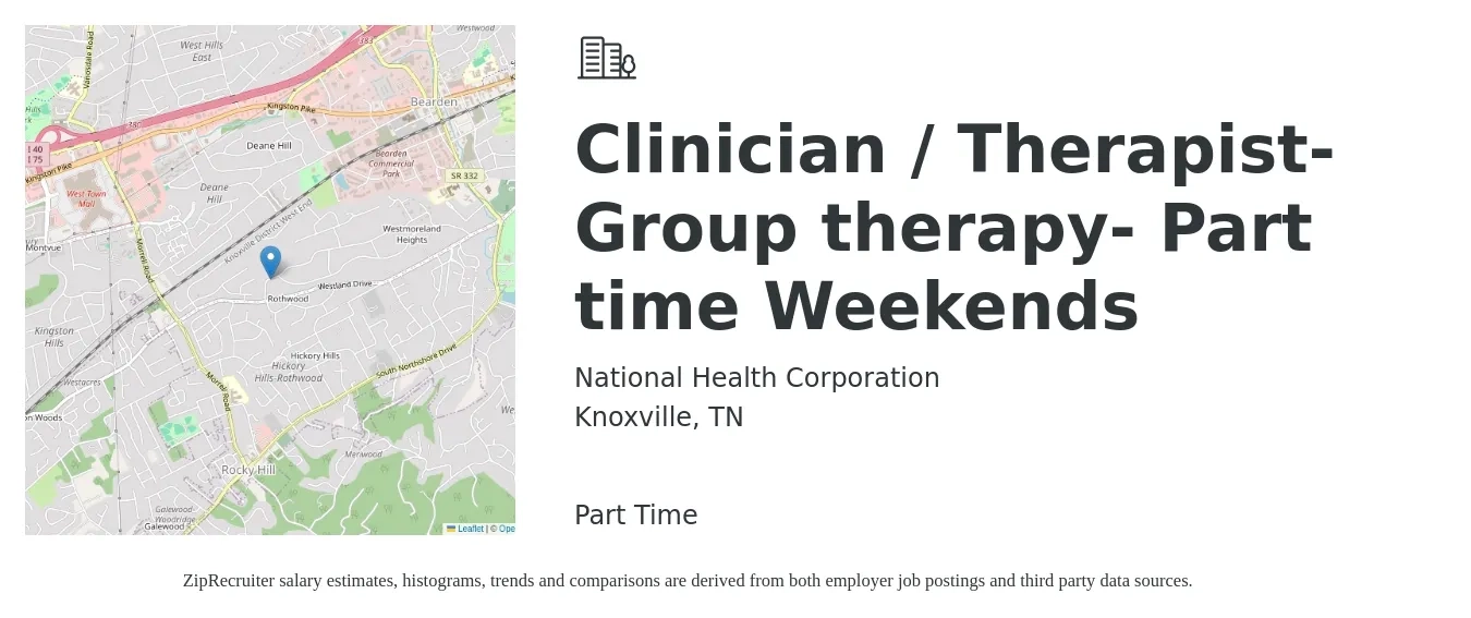 National Health Corporation job posting for a Clinician / Therapist- Group therapy- Part time Weekends in Knoxville, TN with a map of Knoxville location.