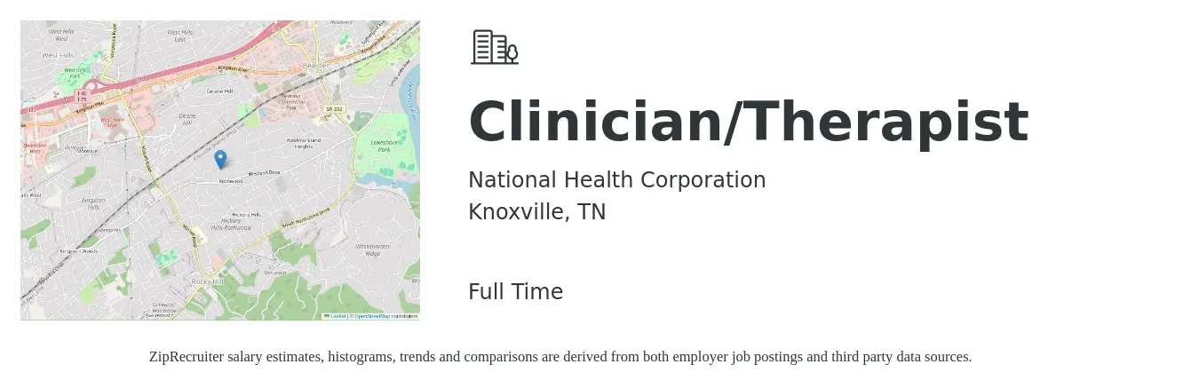 National Health Corporation job posting for a Clinician/Therapist in Knoxville, TN with a salary of $49,500 to $68,900 Yearly with a map of Knoxville location.