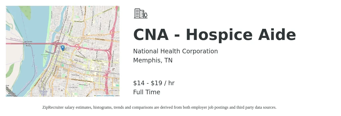 National Health Corporation job posting for a CNA - Hospice Aide in Memphis, TN with a salary of $15 to $20 Hourly with a map of Memphis location.
