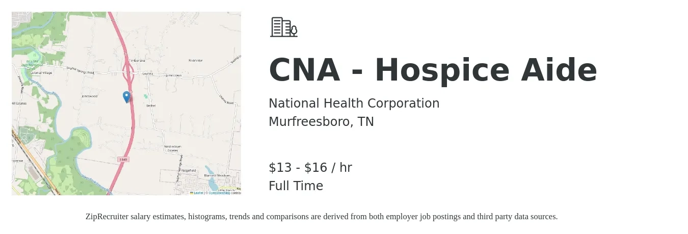 National Health Corporation job posting for a CNA - Hospice Aide in Murfreesboro, TN with a salary of $14 to $17 Hourly with a map of Murfreesboro location.