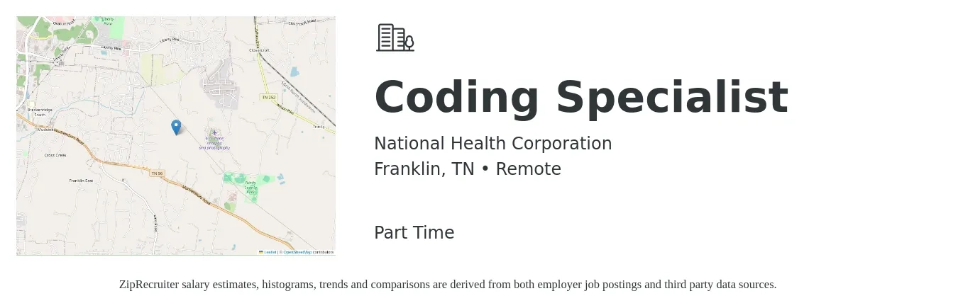 National Health Corporation job posting for a Coding Specialist in Franklin, TN with a salary of $23 to $34 Hourly with a map of Franklin location.