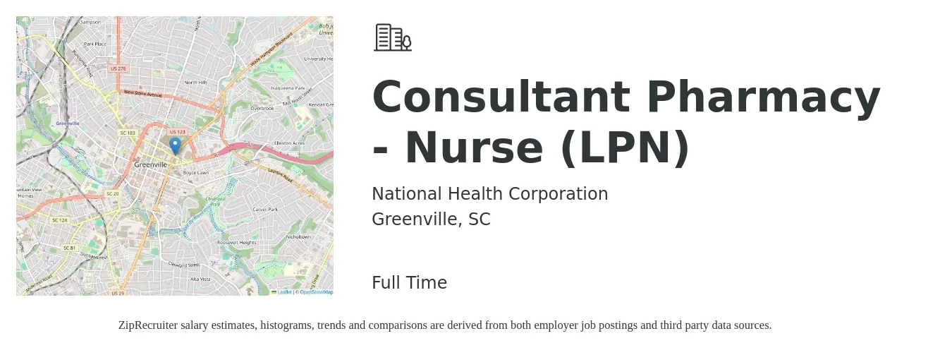 National Health Corporation job posting for a Consultant Pharmacy - Nurse (LPN) in Greenville, SC with a salary of $24 to $33 Hourly with a map of Greenville location.