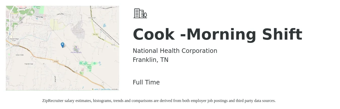 National Health Corporation job posting for a Cook -Morning Shift in Franklin, TN with a salary of $14 to $18 Hourly with a map of Franklin location.