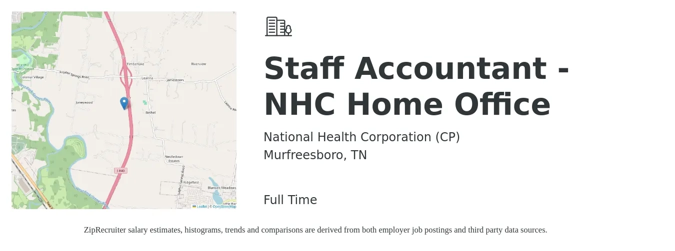 National Health Corporation (CP) job posting for a Staff Accountant - NHC Home Office in Murfreesboro, TN with a salary of $50,900 to $67,100 Yearly with a map of Murfreesboro location.