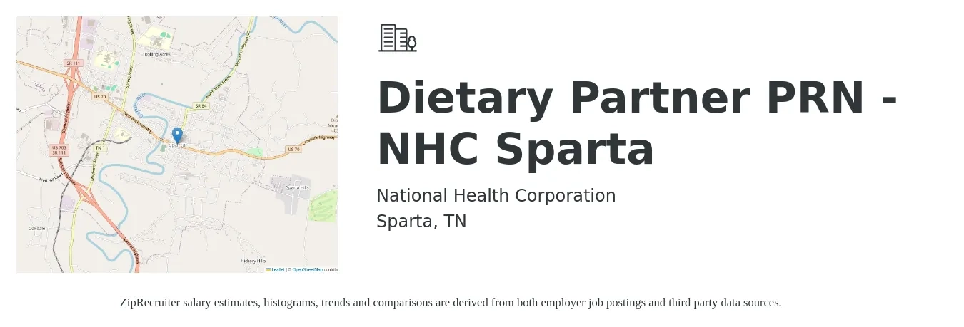 National Health Corporation job posting for a Dietary Partner PRN - NHC Sparta in Sparta, TN with a salary of $11 to $14 Hourly with a map of Sparta location.