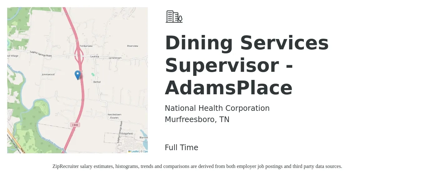 National Health Corporation job posting for a Dining Services Supervisor - AdamsPlace in Murfreesboro, TN with a salary of $39,700 to $122,600 Yearly with a map of Murfreesboro location.