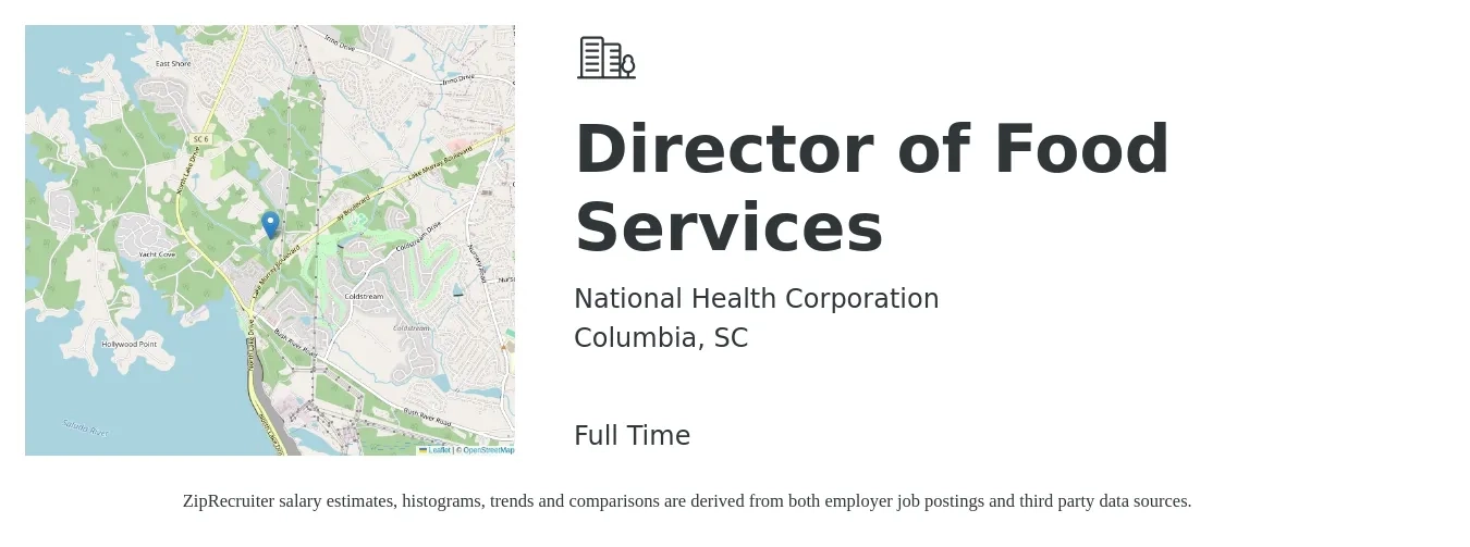 National Health Corporation job posting for a Director of Food Services in Columbia, SC with a salary of $46,300 to $71,700 Yearly with a map of Columbia location.