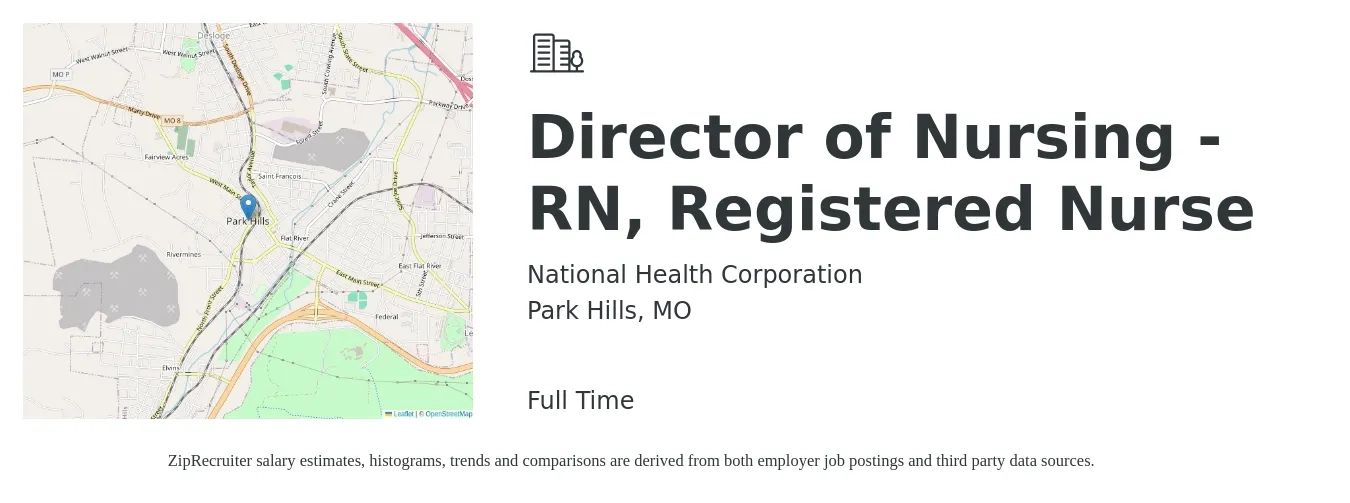 National Health Corporation job posting for a Director of Nursing - RN, Registered Nurse in Park Hills, MO with a salary of $76,700 to $116,000 Yearly with a map of Park Hills location.