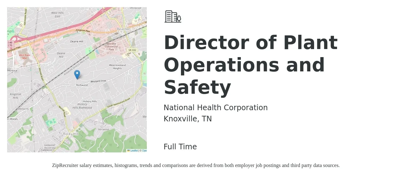 National Health Corporation job posting for a Director of Plant Operations and Safety in Knoxville, TN with a salary of $63,100 to $120,000 Yearly with a map of Knoxville location.