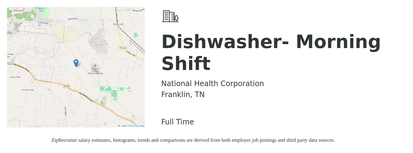 National Health Corporation job posting for a Dishwasher- Morning Shift in Franklin, TN with a salary of $12 to $16 Hourly with a map of Franklin location.