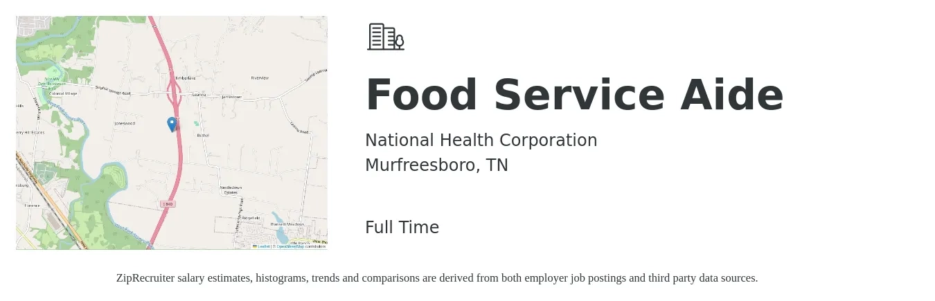 National Health Corporation job posting for a Food Service Aide in Murfreesboro, TN with a salary of $12 to $15 Hourly with a map of Murfreesboro location.