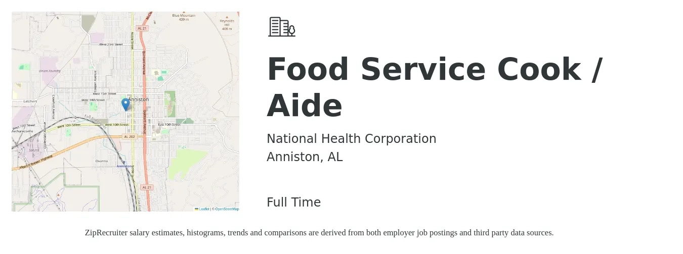 National Health Corporation job posting for a Food Service Cook / Aide in Anniston, AL with a salary of $12 to $15 Hourly with a map of Anniston location.