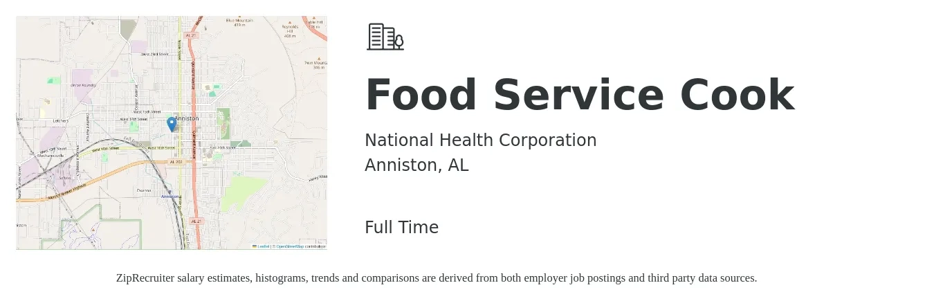 National Health Corporation job posting for a Food Service Cook in Anniston, AL with a salary of $12 to $16 Hourly with a map of Anniston location.