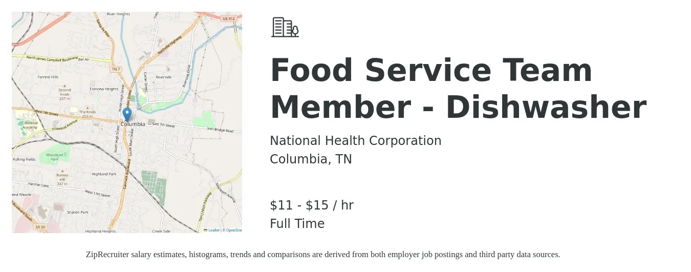 National Health Corporation job posting for a Food Service Team Member - Dishwasher in Columbia, TN with a salary of $12 to $16 Hourly with a map of Columbia location.