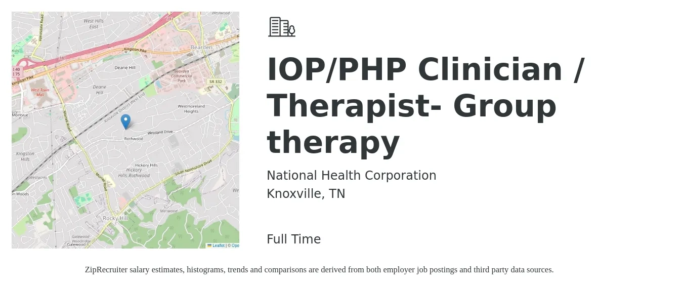 National Health Corporation job posting for a IOP/PHP Clinician / Therapist- Group therapy in Knoxville, TN with a salary of $49,500 to $70,100 Yearly with a map of Knoxville location.