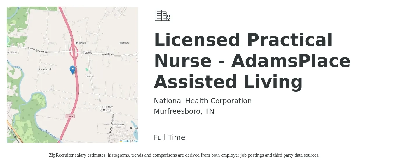 National Health Corporation job posting for a Licensed Practical Nurse - AdamsPlace Assisted Living in Murfreesboro, TN with a salary of $23 to $32 Hourly with a map of Murfreesboro location.