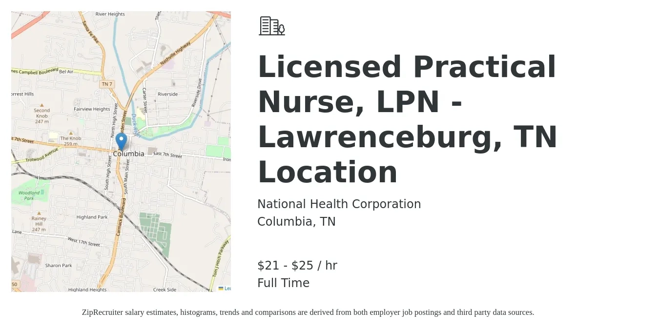 National Health Corporation job posting for a Licensed Practical Nurse, LPN - Lawrenceburg, TN Location in Columbia, TN with a salary of $22 to $27 Hourly with a map of Columbia location.