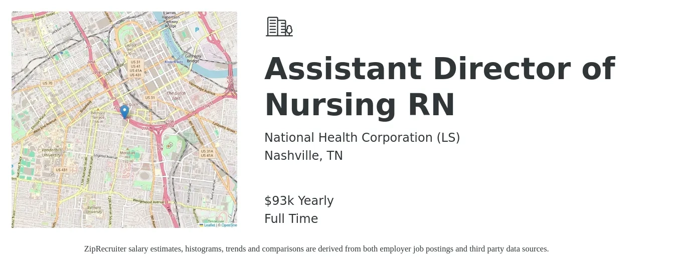 National Health Corporation (WM) job posting for a Assistant Director of Nursing RN in Nashville, TN with a salary of $93,000 Yearly with a map of Nashville location.