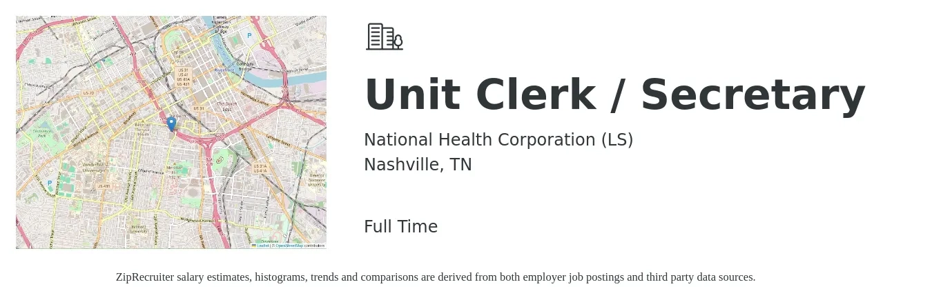 National Health Corporation (LS) job posting for a Unit Clerk / Secretary in Nashville, TN with a salary of $41,100 to $50,300 Yearly with a map of Nashville location.