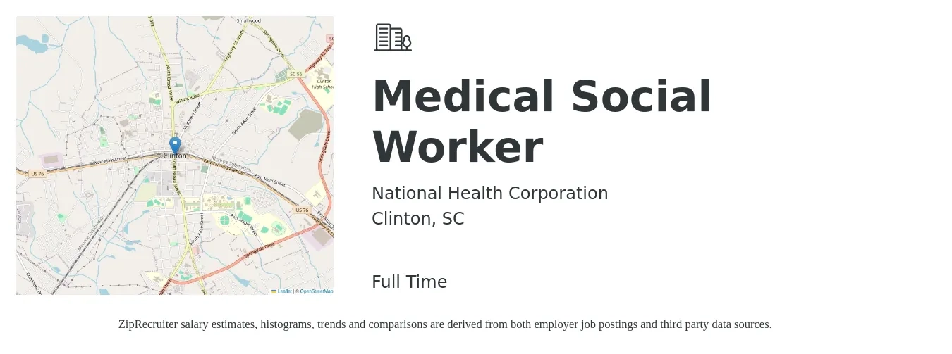 National Health Corporation job posting for a Medical Social Worker in Clinton, SC with a salary of $28 to $46 Hourly with a map of Clinton location.