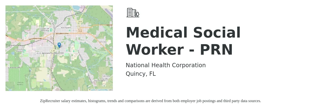 National Health Corporation job posting for a Medical Social Worker - PRN in Quincy, FL with a salary of $25 to $41 Hourly with a map of Quincy location.