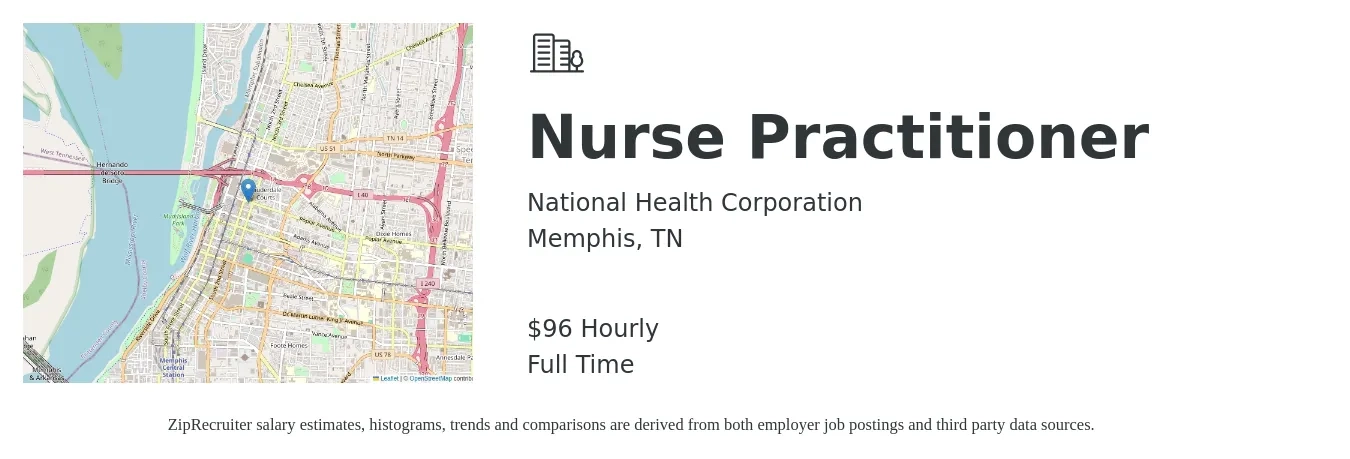 National Health Corporation job posting for a Nurse Practitioner in Memphis, TN with a salary of $100 Hourly with a map of Memphis location.