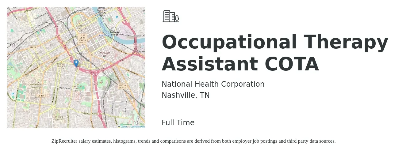 National Health Corporation job posting for a Occupational Therapy Assistant COTA in Nashville, TN with a salary of $28 to $37 Hourly with a map of Nashville location.