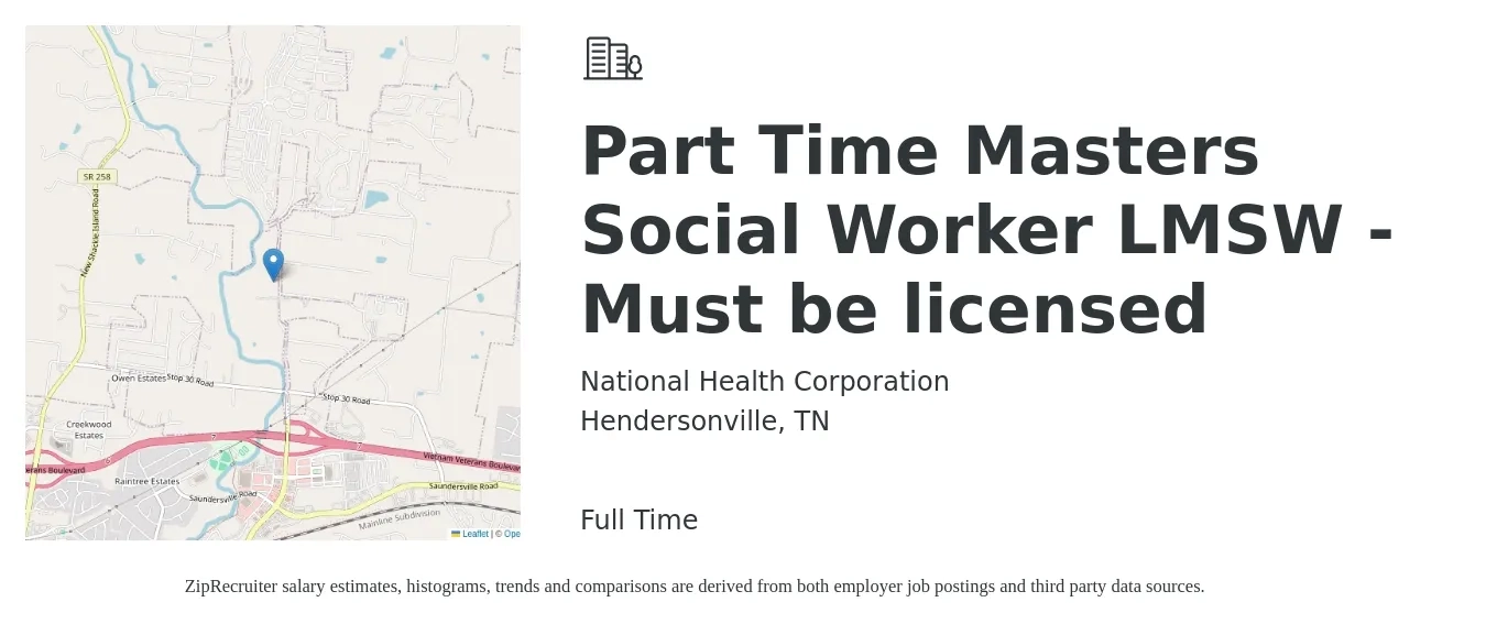 National Health Corporation job posting for a Part Time Masters Social Worker LMSW - Must be licensed in Hendersonville, TN with a salary of $31 to $56 Hourly with a map of Hendersonville location.