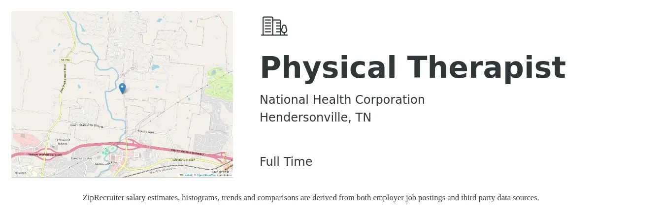 National Health Corporation job posting for a Physical Therapist in Hendersonville, TN with a salary of $1,570 to $2,030 Weekly with a map of Hendersonville location.