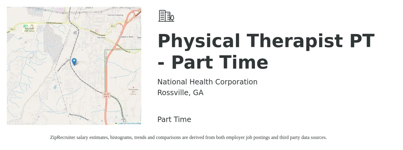National Health Corporation job posting for a Physical Therapist PT - Part Time in Rossville, GA with a salary of $1,370 to $1,780 Weekly with a map of Rossville location.