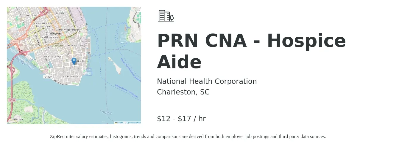 National Health Corporation job posting for a PRN CNA - Hospice Aide in Charleston, SC with a salary of $13 to $18 Hourly with a map of Charleston location.